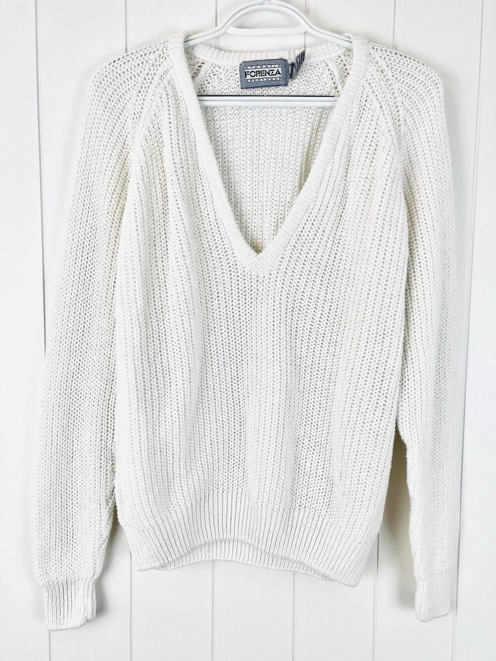 Vintage Forenza White Lurex Metallic Thick Knit Sweater 80s 90s Y2K V Neck Med